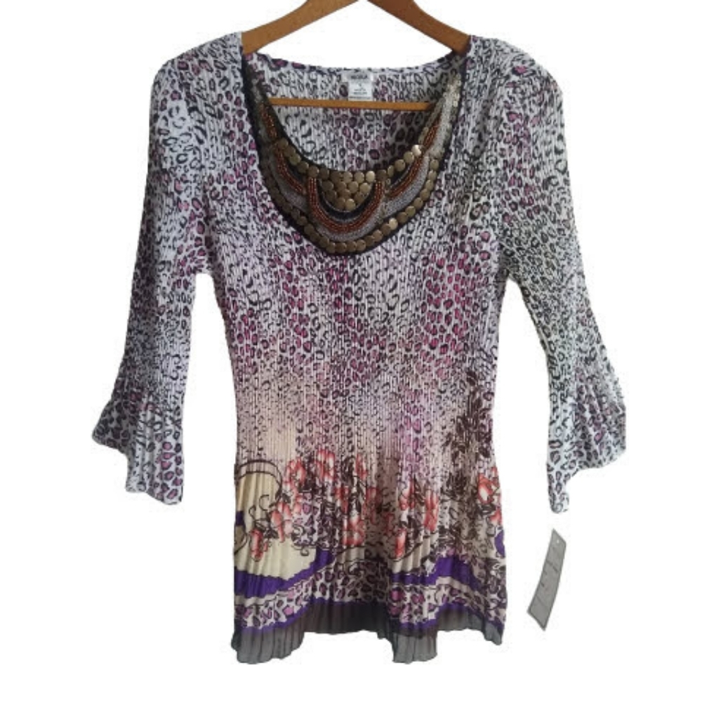 Nicola Animal Print Crinkle Top with Embellished Neckline, NWT, Size Small
